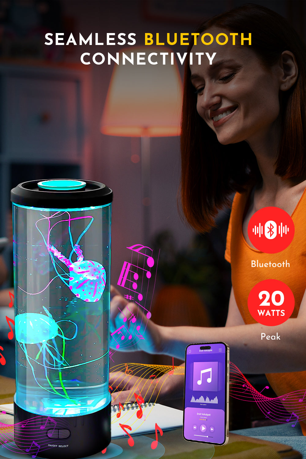 Bluetooth-enabled jellyfish lamp with calming light effects.
